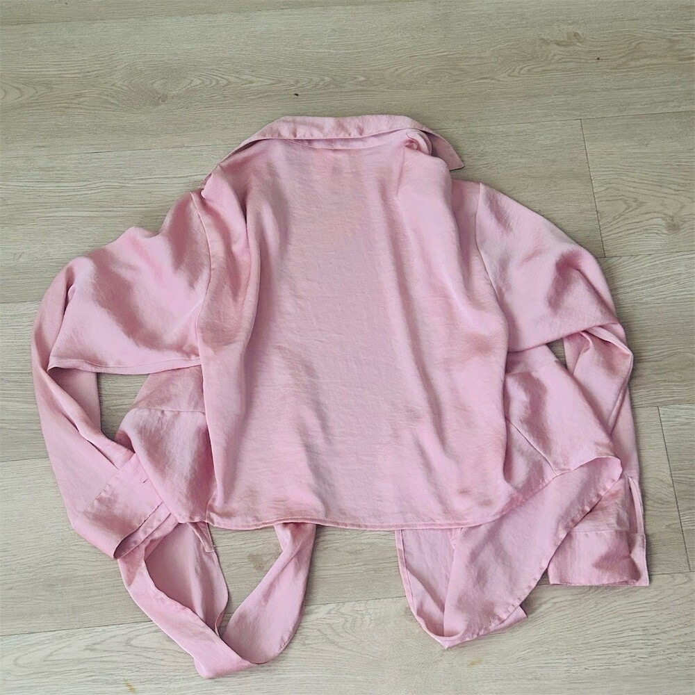 Victoria’s Secret PINK Blouse Womens XS Dusty Rose Satin Wrap Tie Waist - Picture 6 of 8